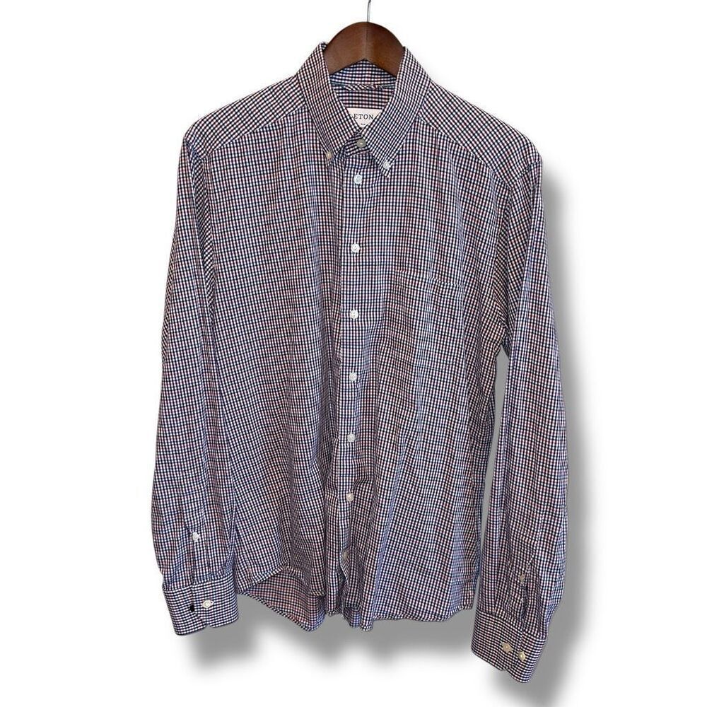 Eton Slim Fit Button Down Dress Shirt Size L 16.5 42 in Plaid